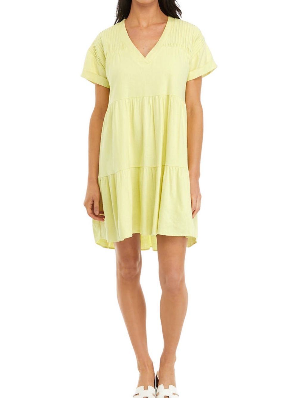 Cupio Lemon Yellow V-Neck Tiered Mini Dress